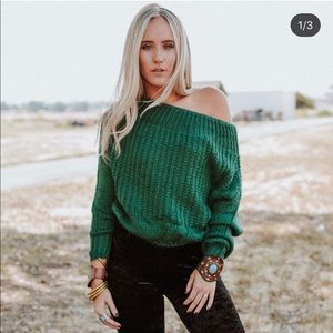 Fuzzy green off the shoulder sweater